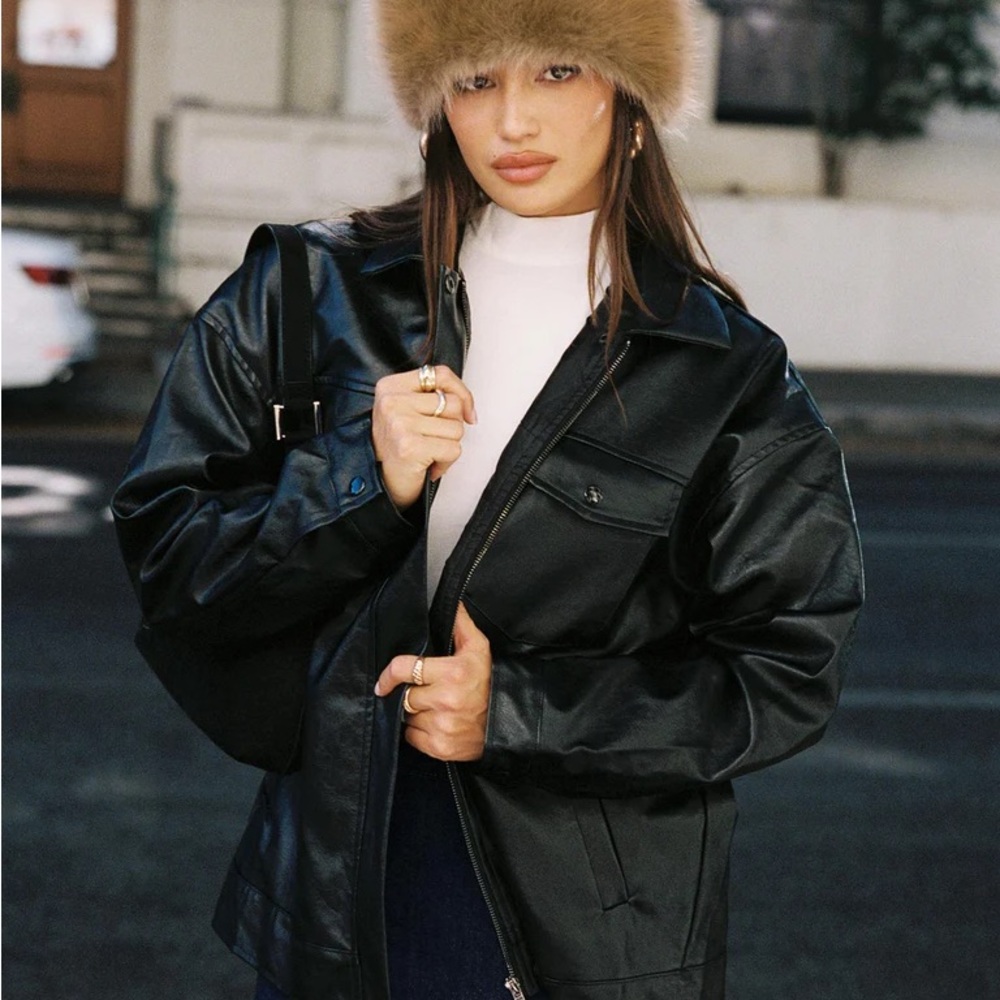 Princess Polly Black Leather Bomber Jacket with Glossy Finish - Picture 3 of 5